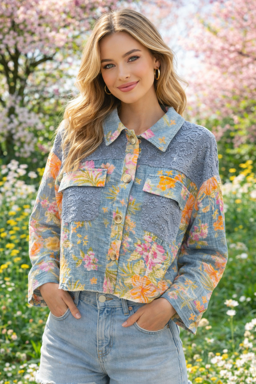 Mystree Mixed Media Floral Denim Jacket in Blue Mix-Jackets-Mystree-Deja Nu Boutique, Women's Fashion Boutique in Lampasas, Texas