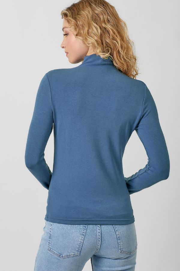 Mystree Mock Neck Long Sleeve Top In Blue-Sweaters-Mystree-Deja Nu Boutique, Women's Fashion Boutique in Lampasas, Texas