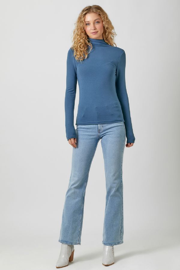 Mystree Mock Neck Long Sleeve Top In Blue-Sweaters-Mystree-Deja Nu Boutique, Women's Fashion Boutique in Lampasas, Texas