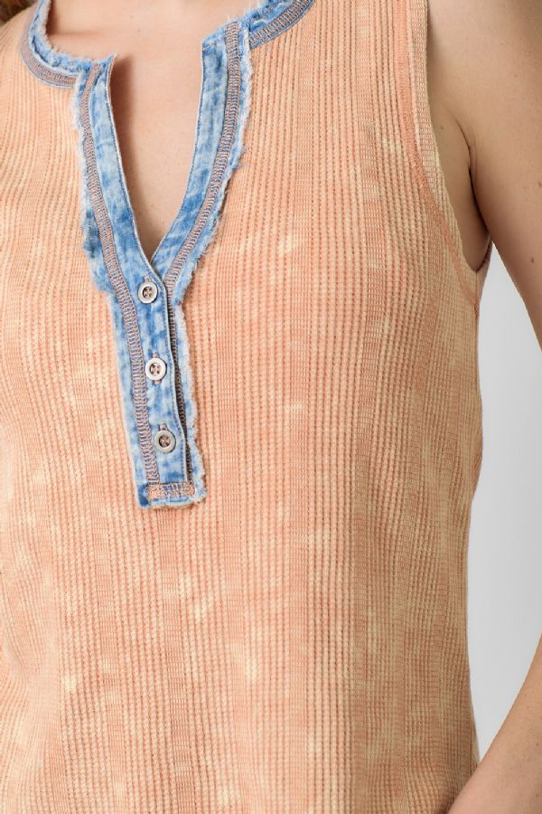 Mystree Peach Orange Washed Sleeveless Henley Top-Camis/Tanks-Mystree-Deja Nu Boutique, Women's Fashion Boutique in Lampasas, Texas