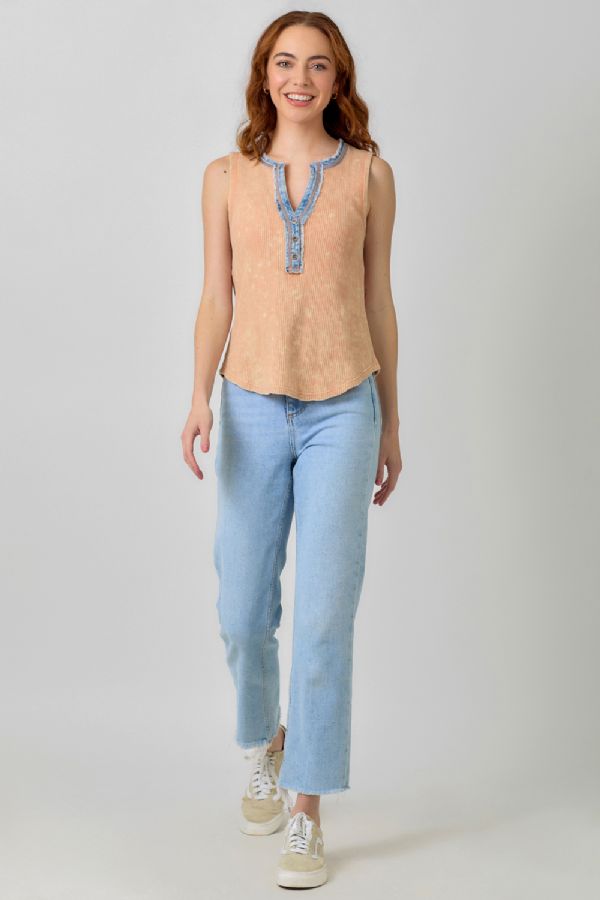 Mystree Peach Orange Washed Sleeveless Henley Top-Camis/Tanks-Mystree-Deja Nu Boutique, Women's Fashion Boutique in Lampasas, Texas