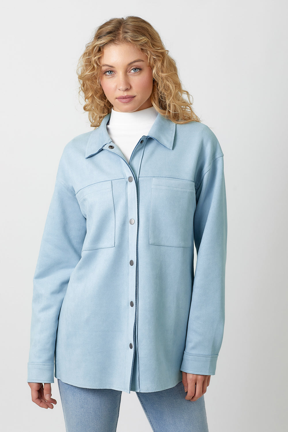 Mystree Powder Blue Suede Snap Button Down Shacket-Jackets-Mystree-Deja Nu Boutique, Women's Fashion Boutique in Lampasas, Texas