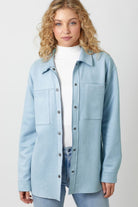 Mystree Powder Blue Suede Snap Button Down Shacket-Jackets-Mystree-Deja Nu Boutique, Women's Fashion Boutique in Lampasas, Texas