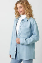 Mystree Powder Blue Suede Snap Button Down Shacket-Jackets-Mystree-Deja Nu Boutique, Women's Fashion Boutique in Lampasas, Texas