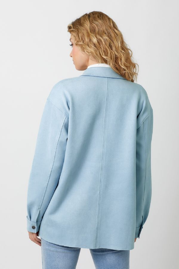 Mystree Powder Blue Suede Snap Button Down Shacket-Jackets-Mystree-Deja Nu Boutique, Women's Fashion Boutique in Lampasas, Texas