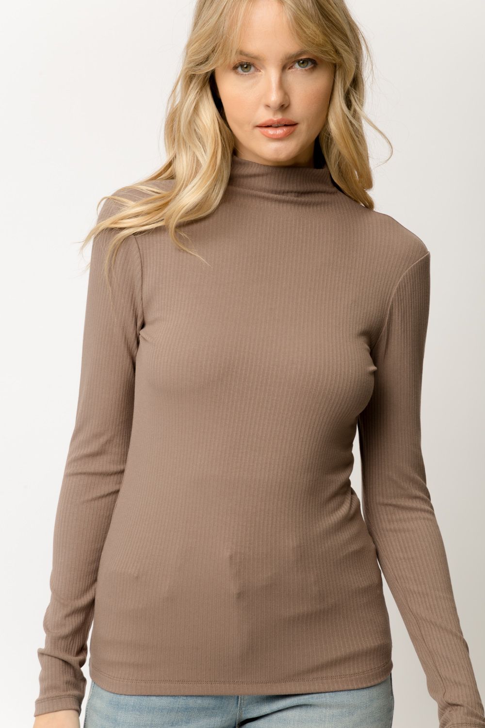 Mystree Ribbed Mock Neck Turtleneck In Chipmunk-Tops-Mystree-Deja Nu Boutique, Women's Fashion Boutique in Lampasas, Texas