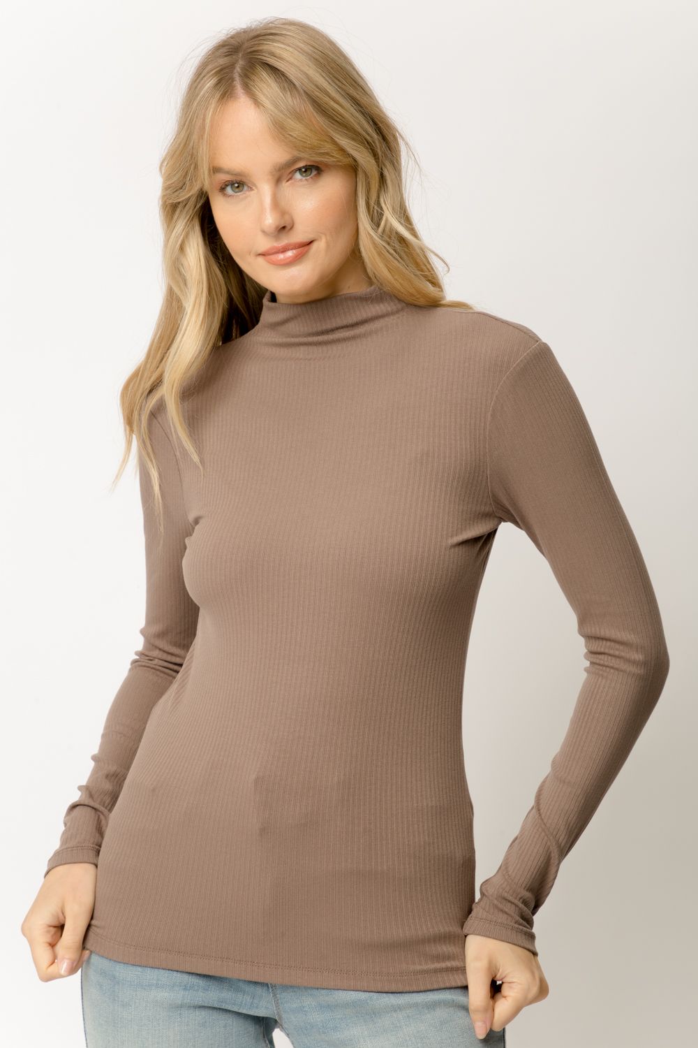 Mystree Ribbed Mock Neck Turtleneck In Chipmunk-Tops-Mystree-Deja Nu Boutique, Women's Fashion Boutique in Lampasas, Texas