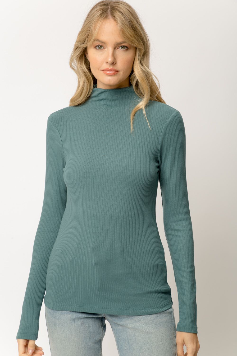 Mystree Ribbed Mock Neck Turtleneck In Teal-Tops-Mystree-Deja Nu Boutique, Women's Fashion Boutique in Lampasas, Texas