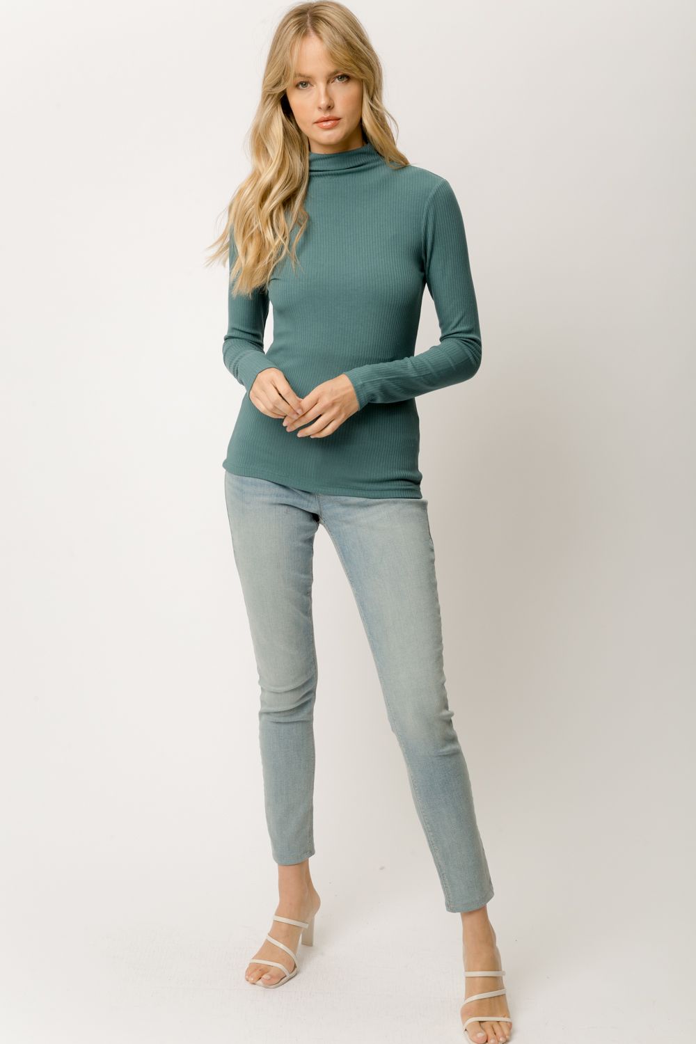 Mystree Ribbed Mock Neck Turtleneck In Teal-Tops-Mystree-Deja Nu Boutique, Women's Fashion Boutique in Lampasas, Texas