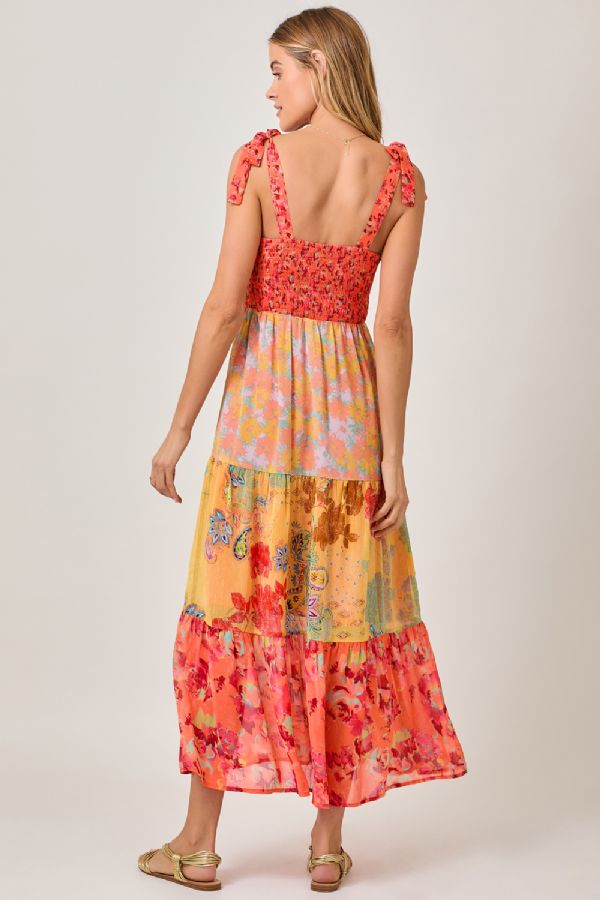 Mystree Tiered Maxi Dress with Tie Straps and Boho Floral Patchwork-Maxi Dresses-Mystree-Deja Nu Boutique, Women's Fashion Boutique in Lampasas, Texas