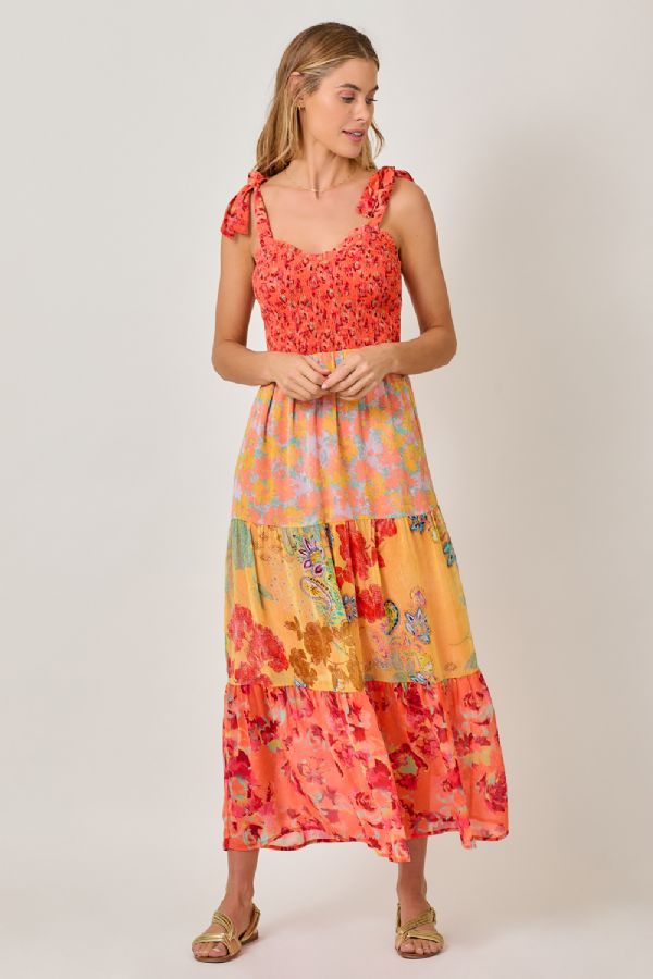 Mystree Tiered Maxi Dress with Tie Straps and Boho Floral Patchwork-Maxi Dresses-Mystree-Deja Nu Boutique, Women's Fashion Boutique in Lampasas, Texas