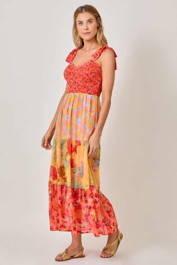 Mystree Tiered Maxi Dress with Tie Straps and Boho Floral Patchwork-Maxi Dresses-Mystree-Deja Nu Boutique, Women's Fashion Boutique in Lampasas, Texas