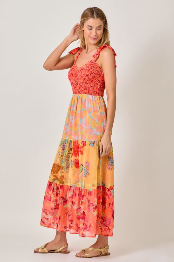 Mystree Tiered Maxi Dress with Tie Straps and Boho Floral Patchwork-Maxi Dresses-Mystree-Deja Nu Boutique, Women's Fashion Boutique in Lampasas, Texas