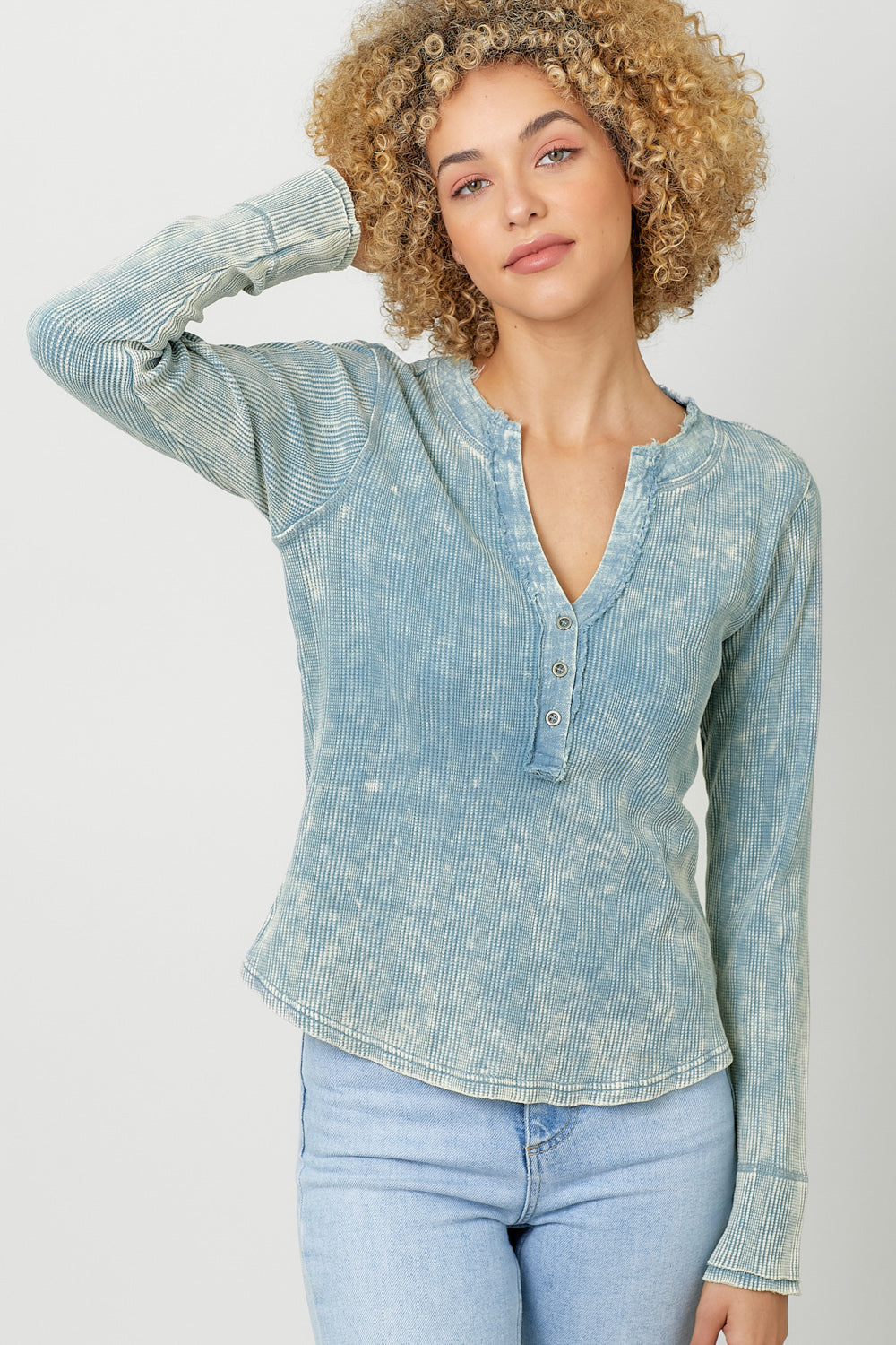 Mystree Washed Thermal Henley Tee In Washed Blue-shirts-Mystree-Deja Nu Boutique, Women's Fashion Boutique in Lampasas, Texas