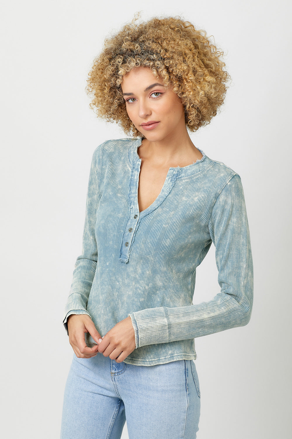 Mystree Washed Thermal Henley Tee In Washed Blue-shirts-Mystree-Deja Nu Boutique, Women's Fashion Boutique in Lampasas, Texas