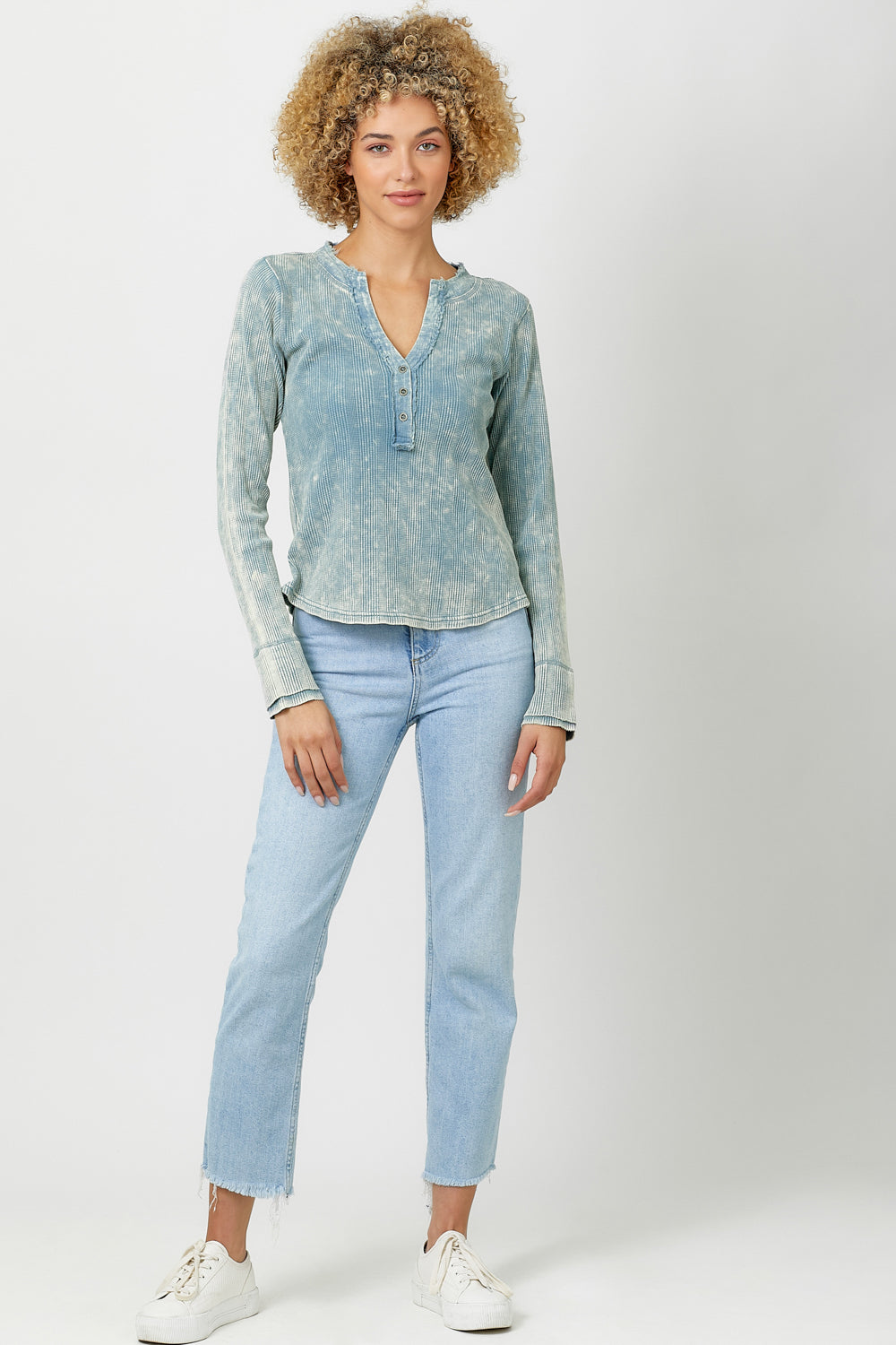 Mystree Washed Thermal Henley Tee In Washed Blue-shirts-Mystree-Deja Nu Boutique, Women's Fashion Boutique in Lampasas, Texas