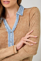 Mystree Washed Two Tone Thermal Button Down Top In Washed Camel-Tops-mystree-Deja Nu Boutique, Women's Fashion Boutique in Lampasas, Texas