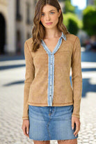 Mystree Washed Two Tone Thermal Button Down Top In Washed Camel-Tops-mystree-Deja Nu Boutique, Women's Fashion Boutique in Lampasas, Texas