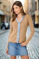 Mystree Washed Two Tone Thermal Button Down Top In Washed Camel-Tops-mystree-Deja Nu Boutique, Women's Fashion Boutique in Lampasas, Texas