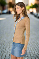 Mystree Washed Two Tone Thermal Button Down Top In Washed Camel-Tops-mystree-Deja Nu Boutique, Women's Fashion Boutique in Lampasas, Texas
