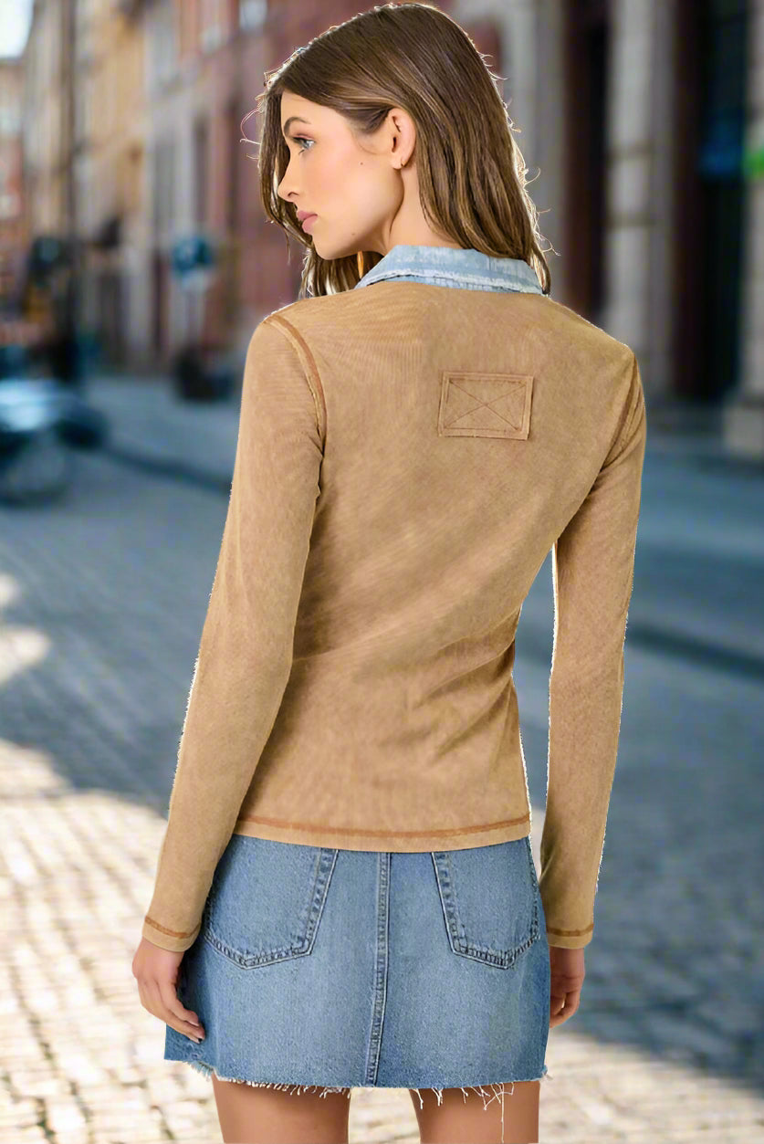 Mystree Washed Two Tone Thermal Button Down Top In Washed Camel-Tops-mystree-Deja Nu Boutique, Women's Fashion Boutique in Lampasas, Texas