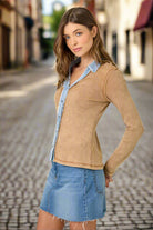 Mystree Washed Two Tone Thermal Button Down Top In Washed Camel-Tops-mystree-Deja Nu Boutique, Women's Fashion Boutique in Lampasas, Texas