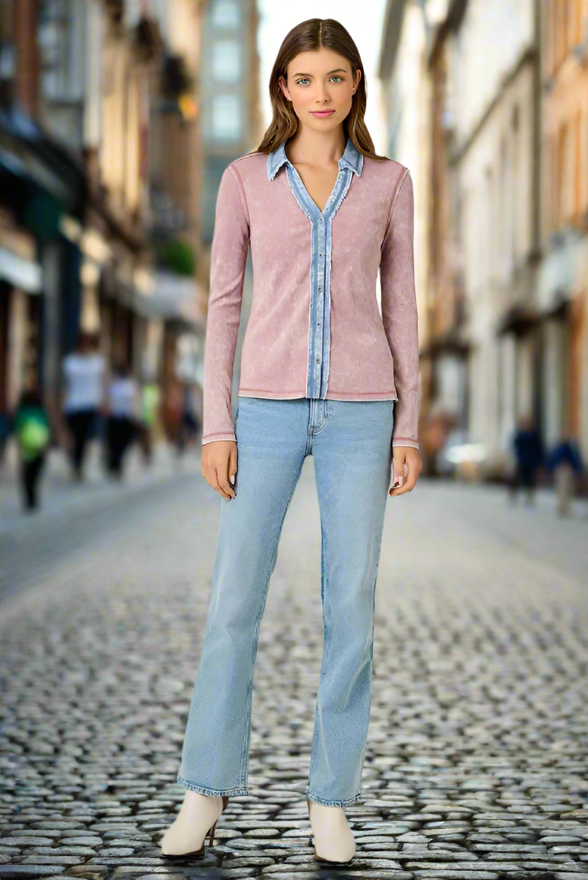 Mystree Washed Two Tone Thermal Button Down Top In Washed Rose-Tops-Mystree-Deja Nu Boutique, Women's Fashion Boutique in Lampasas, Texas