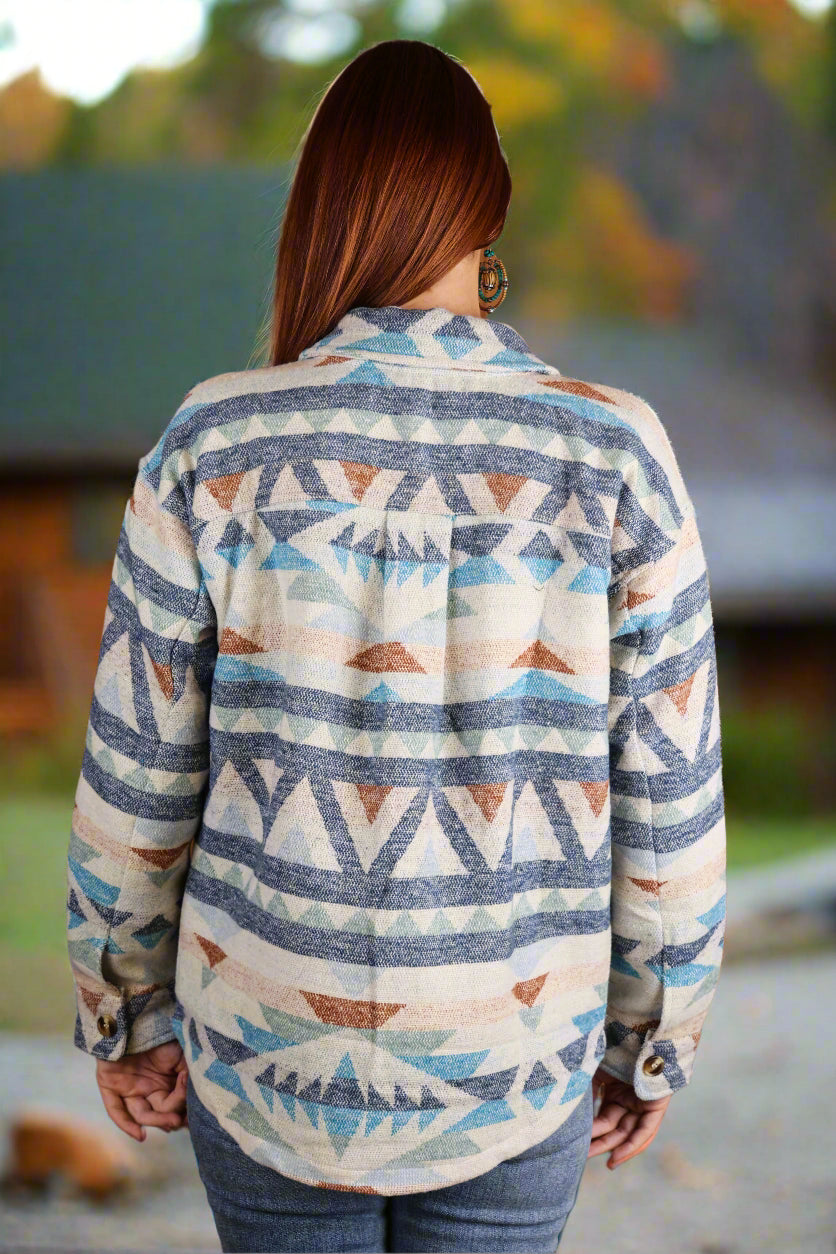 Mystree Blue Mix Aztec Button-Up Shacket-Shackets-mystree-Deja Nu Boutique, Women's Fashion Boutique in Lampasas, Texas