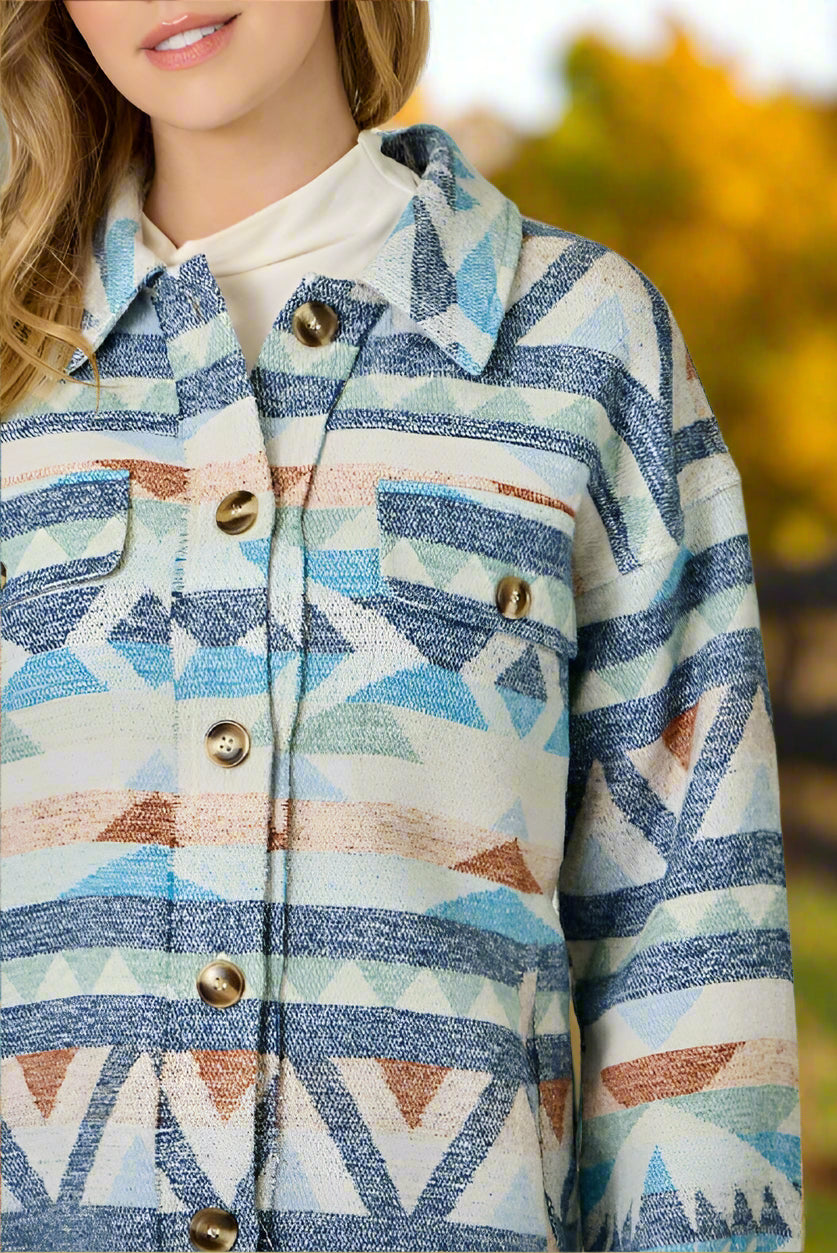 Mystree Blue Mix Aztec Button-Up Shacket-Shackets-mystree-Deja Nu Boutique, Women's Fashion Boutique in Lampasas, Texas