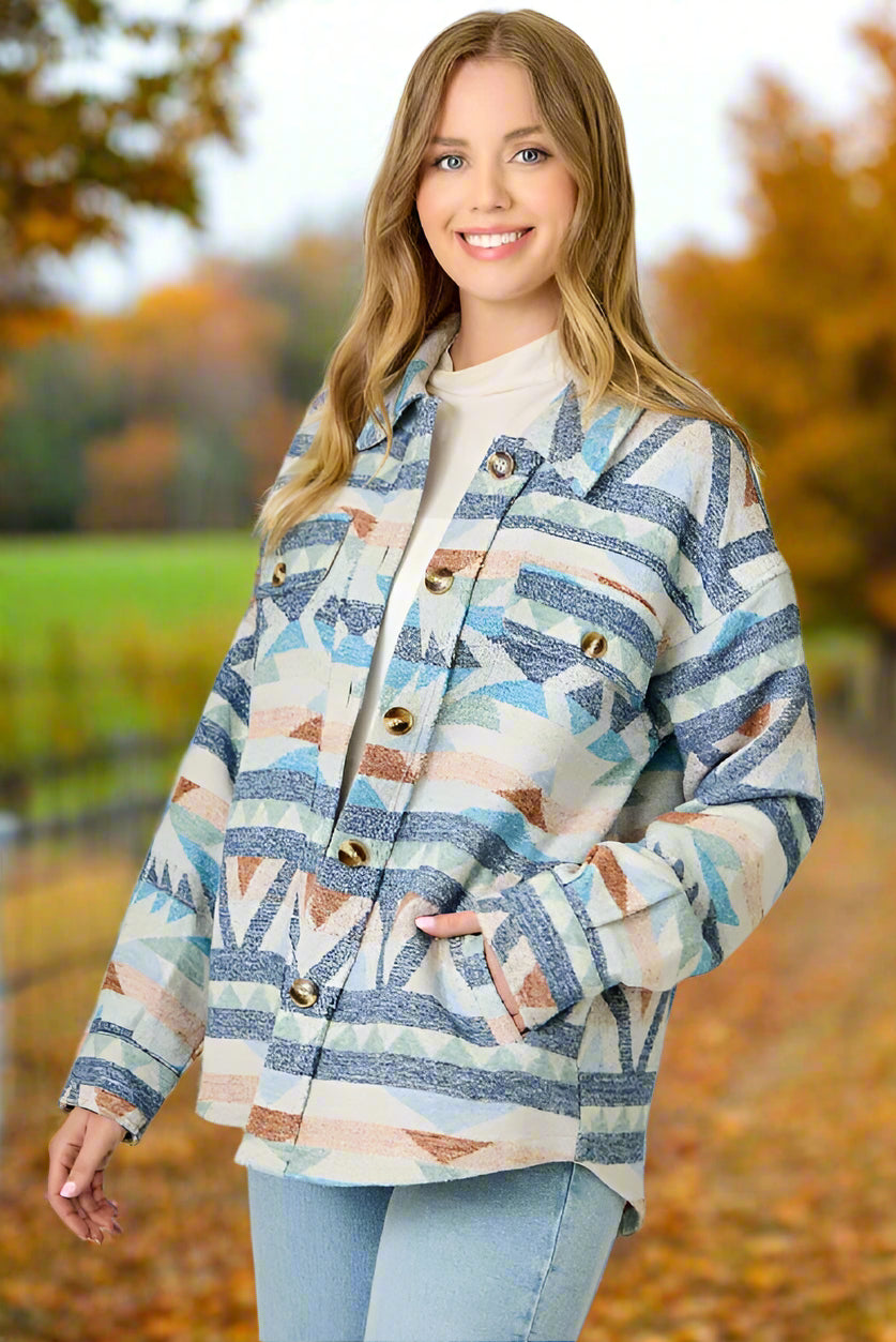 Mystree Blue Mix Aztec Button-Up Shacket-Shackets-mystree-Deja Nu Boutique, Women's Fashion Boutique in Lampasas, Texas