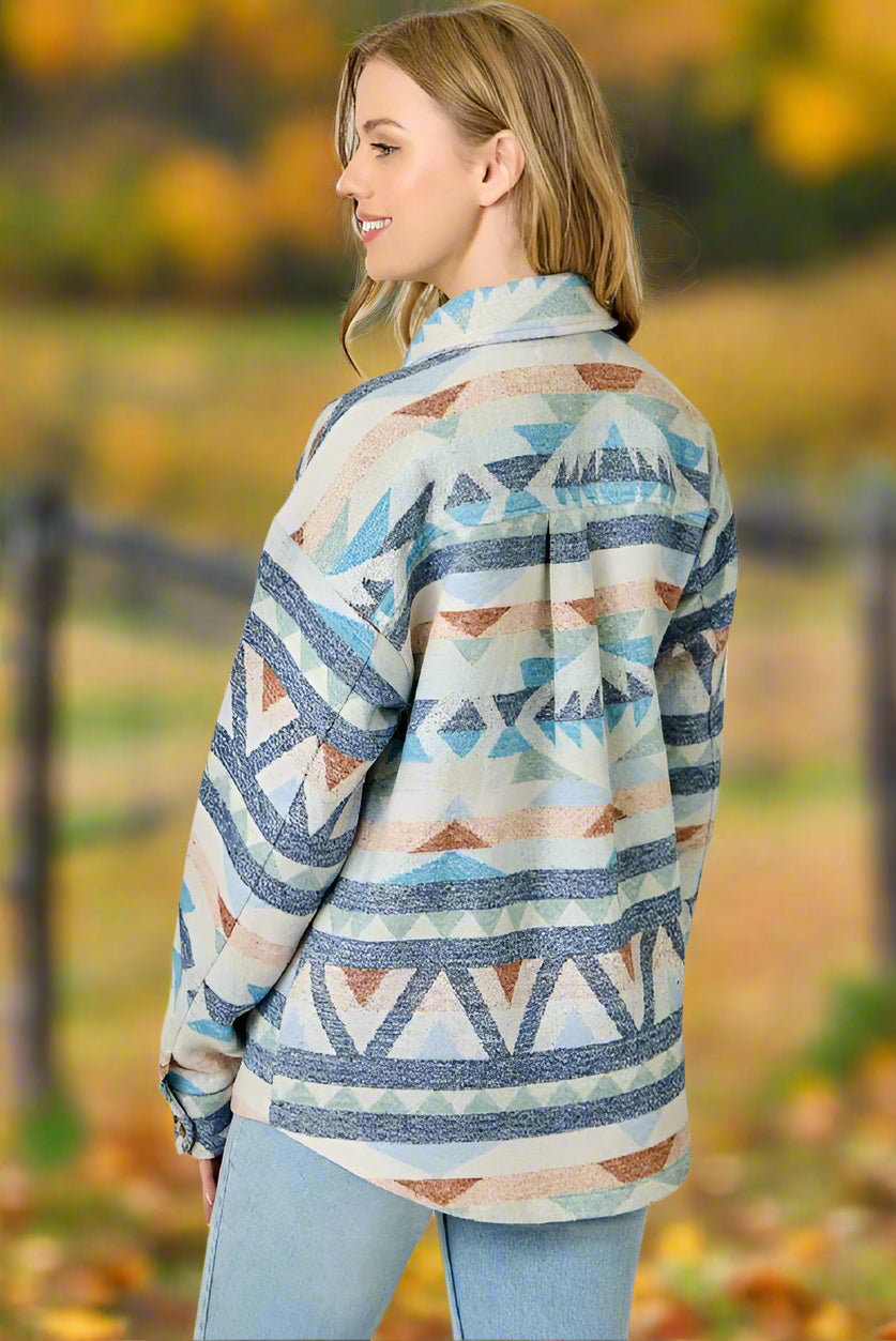 Mystree Blue Mix Aztec Button-Up Shacket-Shackets-mystree-Deja Nu Boutique, Women's Fashion Boutique in Lampasas, Texas