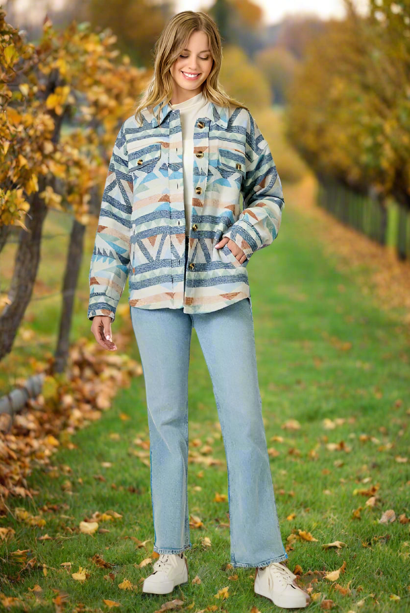 Mystree Blue Mix Aztec Button-Up Shacket-Shackets-mystree-Deja Nu Boutique, Women's Fashion Boutique in Lampasas, Texas