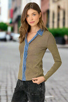 Mystree Washed Two Tone Thermal Button Down Top In Washed Ash-Tops-Mystree-Deja Nu Boutique, Women's Fashion Boutique in Lampasas, Texas