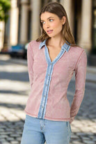 Mystree Washed Two Tone Thermal Button Down Top In Washed Rose-Tops-Mystree-Deja Nu Boutique, Women's Fashion Boutique in Lampasas, Texas