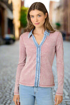 Mystree Washed Two Tone Thermal Button Down Top In Washed Rose-Tops-Mystree-Deja Nu Boutique, Women's Fashion Boutique in Lampasas, Texas