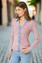 Mystree Washed Two Tone Thermal Button Down Top In Washed Rose-Tops-Mystree-Deja Nu Boutique, Women's Fashion Boutique in Lampasas, Texas