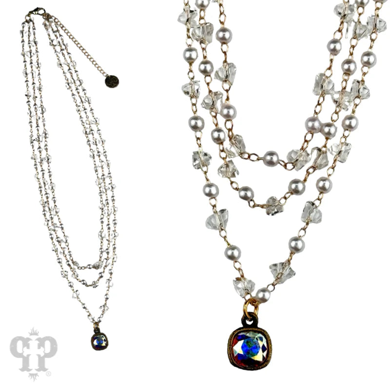 Pink Panache Triple Strand Crystal Beaded Necklace with Blue Austrian Pendant-Necklaces-Pink Panache-Deja Nu Boutique, Women's Fashion Boutique in Lampasas, Texas