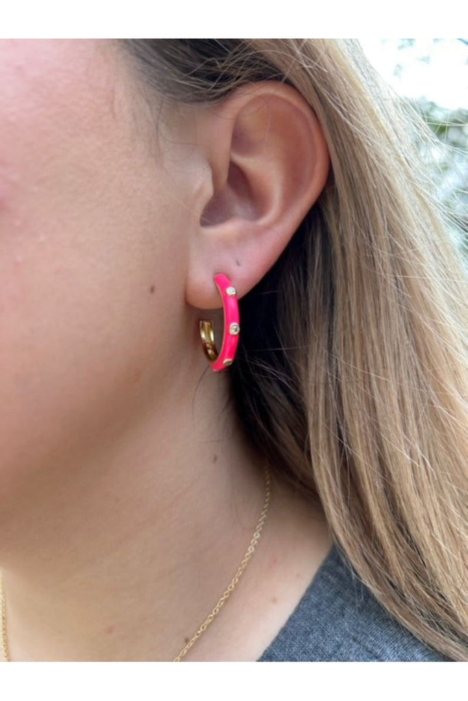 OMG BLING CZ Enamel Hoop Earrings In Hot Pink-Earrings-OMG BLINGS-Deja Nu Boutique, Women's Fashion Boutique in Lampasas, Texas