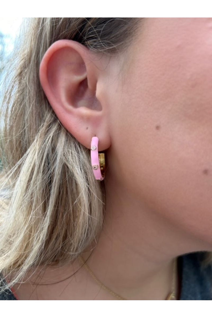 OMG BLING CZ Enamel Hoop Earrings In Pink-Earrings-OMG BLINGS-Deja Nu Boutique, Women's Fashion Boutique in Lampasas, Texas