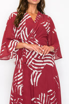 ONETHELAND Chiffon Print Three Fourth Sleeve Wrap V-Neck Maxi Dress In Burgundy-Maxi Dresses-ONETHELAND-Deja Nu Boutique, Women's Fashion Boutique in Lampasas, Texas