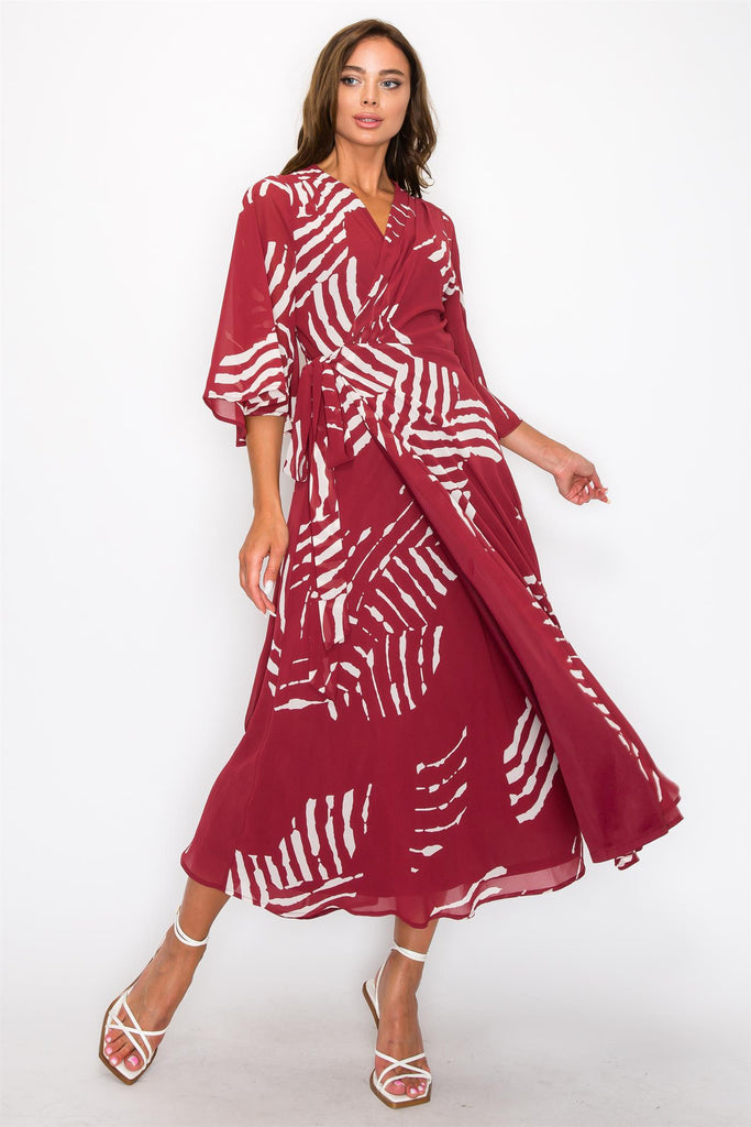 ONETHELAND Chiffon Print Three Fourth Sleeve Wrap V-Neck Maxi Dress In Burgundy-Maxi Dresses-ONETHELAND-Deja Nu Boutique, Women's Fashion Boutique in Lampasas, Texas