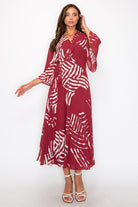 ONETHELAND Chiffon Print Three Fourth Sleeve Wrap V-Neck Maxi Dress In Burgundy-Maxi Dresses-ONETHELAND-Deja Nu Boutique, Women's Fashion Boutique in Lampasas, Texas