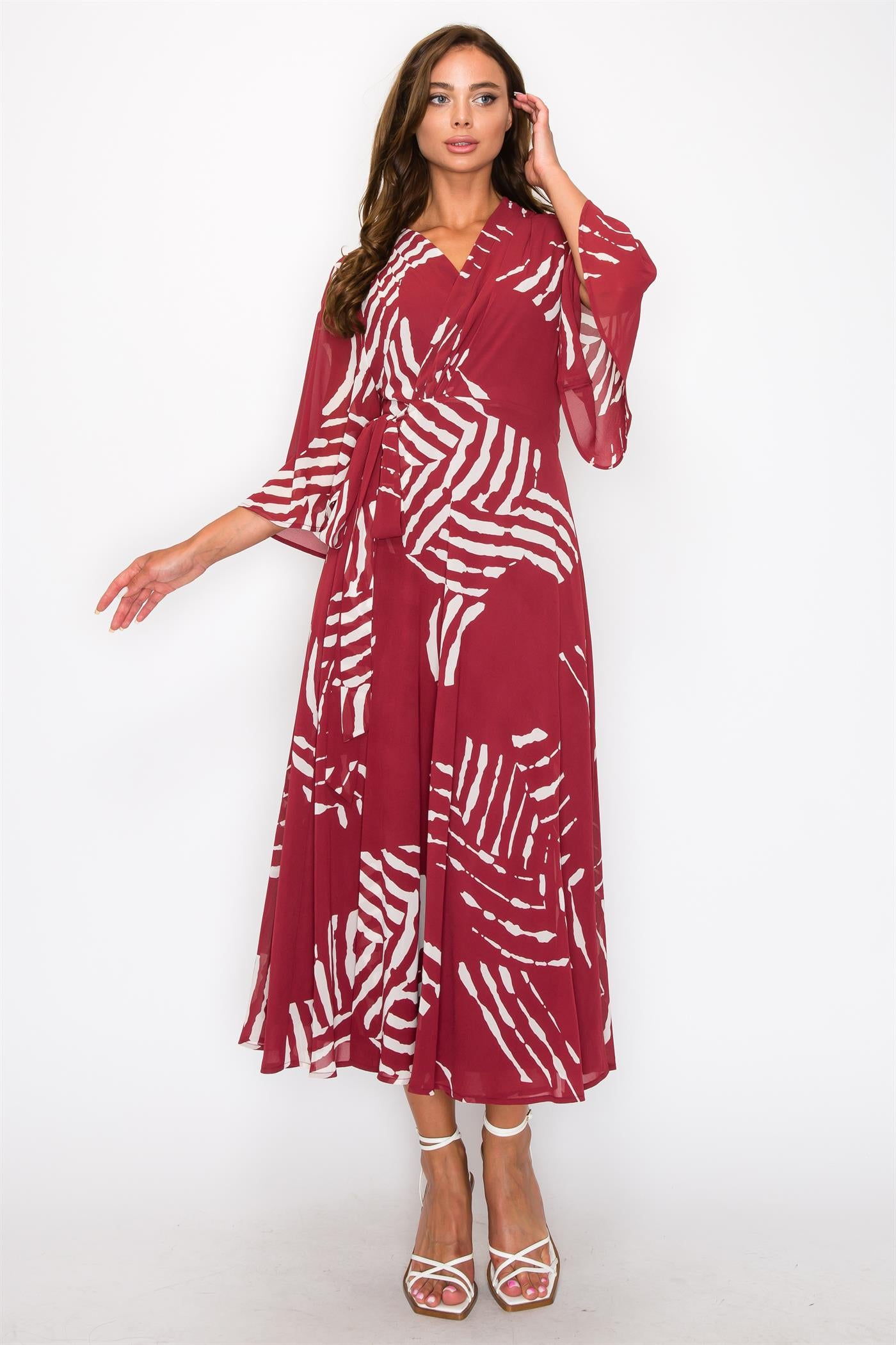 ONETHELAND Chiffon Print Three Fourth Sleeve Wrap V-Neck Maxi Dress In Burgundy-Maxi Dresses-ONETHELAND-Deja Nu Boutique, Women's Fashion Boutique in Lampasas, Texas