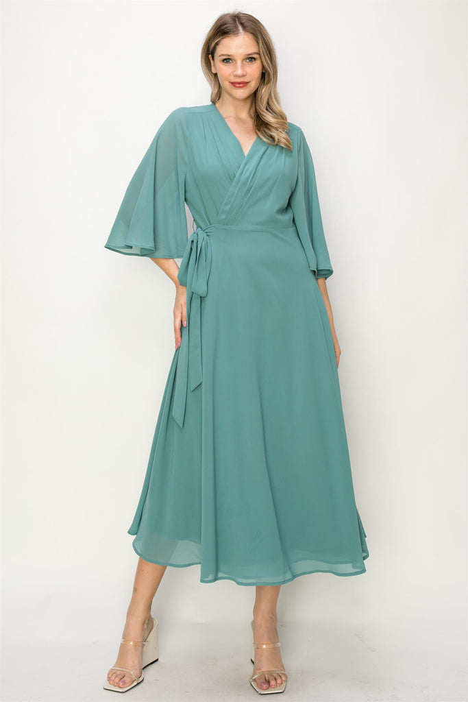 ONETHELAND Elegant Wrap Knit V Neck Midi Dress With Side Tie In Dusty Teal-Midi Dresses-ONETHELAND-Deja Nu Boutique, Women's Fashion Boutique in Lampasas, Texas
