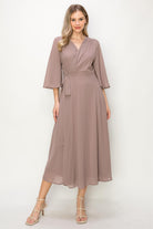 ONETHELAND Elegant Wrap Knit V Neck Midi Dress With Side Tie In Taupe-Midi Dresses-ONETHELAND-Deja Nu Boutique, Women's Fashion Boutique in Lampasas, Texas