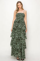 ONETHELAND Leopard Print Sleeveless Smocked Tiered Maxi Dress In Green-Maxi Dresses-ONETHELAND-Deja Nu Boutique, Women's Fashion Boutique in Lampasas, Texas