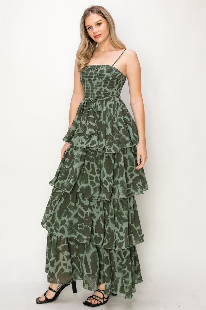 ONETHELAND Leopard Print Sleeveless Smocked Tiered Maxi Dress In Green-Maxi Dresses-ONETHELAND-Deja Nu Boutique, Women's Fashion Boutique in Lampasas, Texas