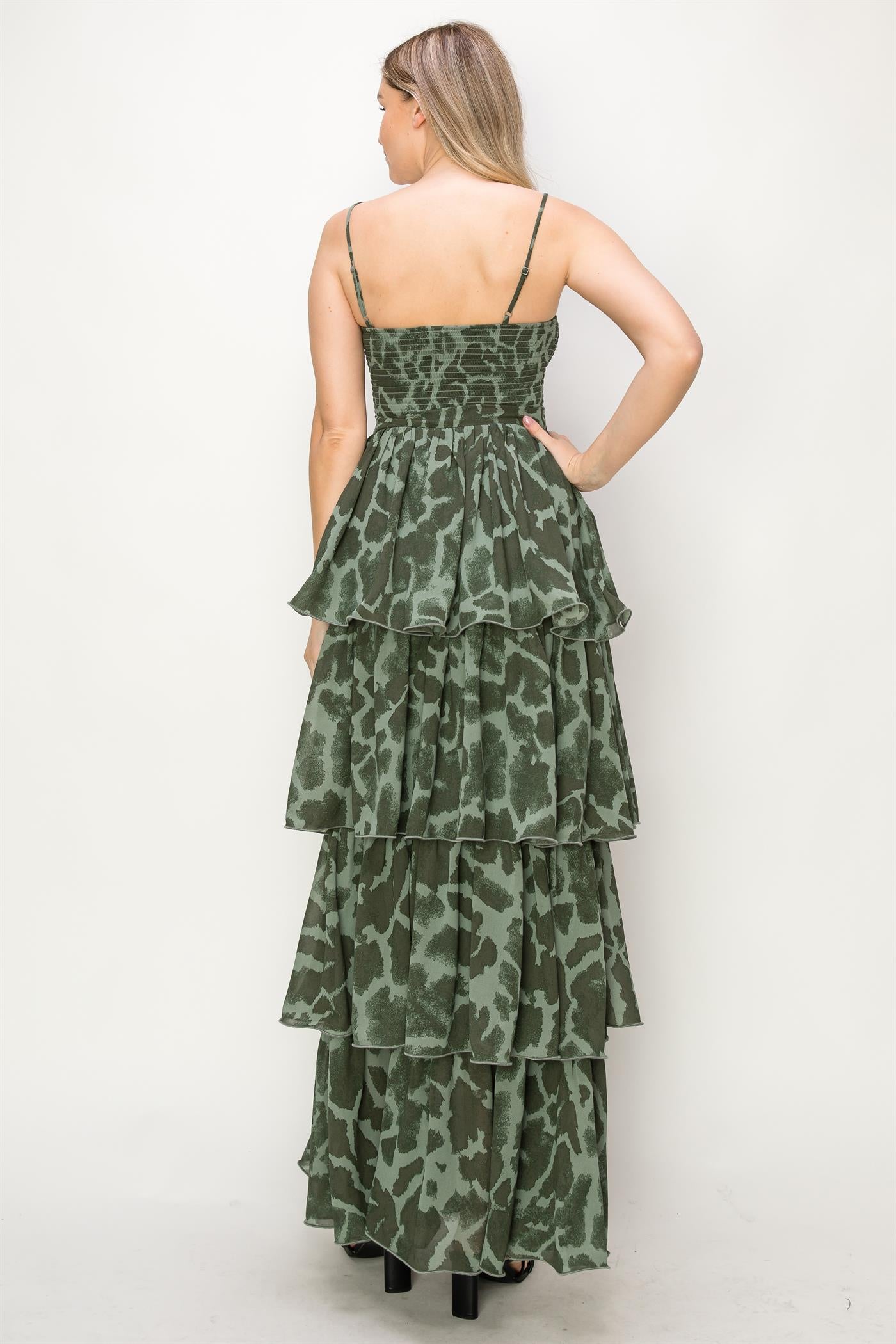 ONETHELAND Leopard Print Sleeveless Smocked Tiered Maxi Dress In Green-Maxi Dresses-ONETHELAND-Deja Nu Boutique, Women's Fashion Boutique in Lampasas, Texas