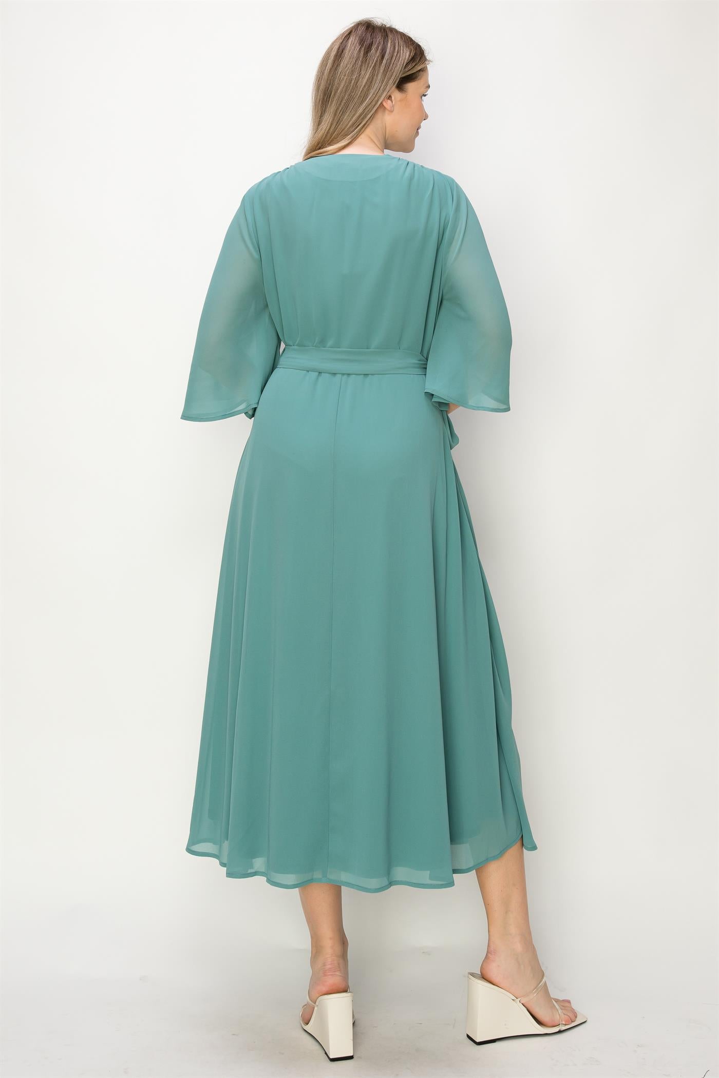 ONE THE LAND Elegant Wrap Knit V Neck Midi Dress With Side Tie In Dusty Teal-Midi Dresses-ONETHELAND-Deja Nu Boutique, Women's Fashion Boutique in Lampasas, Texas