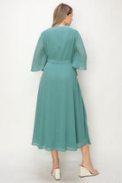 ONE THE LAND Elegant Wrap Knit V Neck Midi Dress With Side Tie In Dusty Teal-Midi Dresses-ONETHELAND-Deja Nu Boutique, Women's Fashion Boutique in Lampasas, Texas